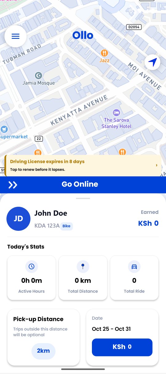 The real Ollo Driver app home screen with the Go Online bar