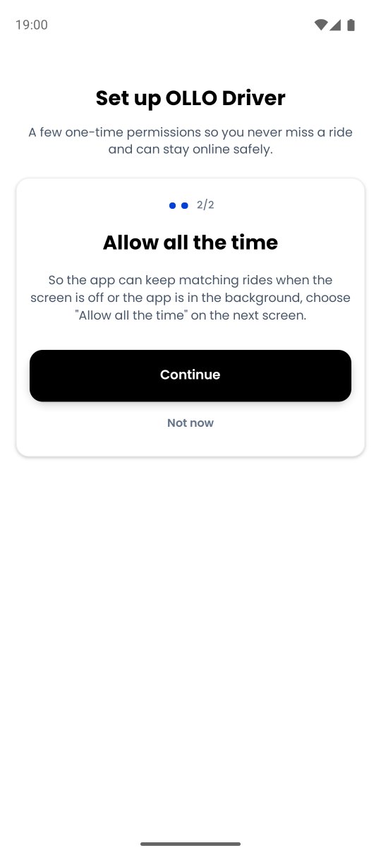 Ollo Driver setup screen asking for location all the time
