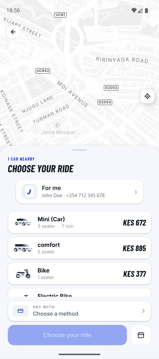 The real Ollo rider app: choose your ride, with prices for Mini (Car), Comfort and Bike