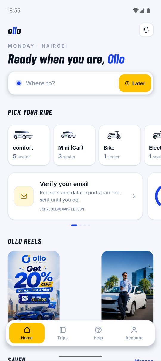 Ollo rider app home screen with the Where to? box and ride options