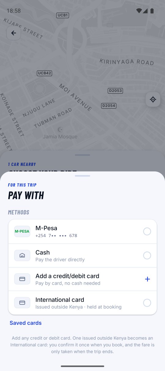 Pay with screen showing M-Pesa, cash and card options