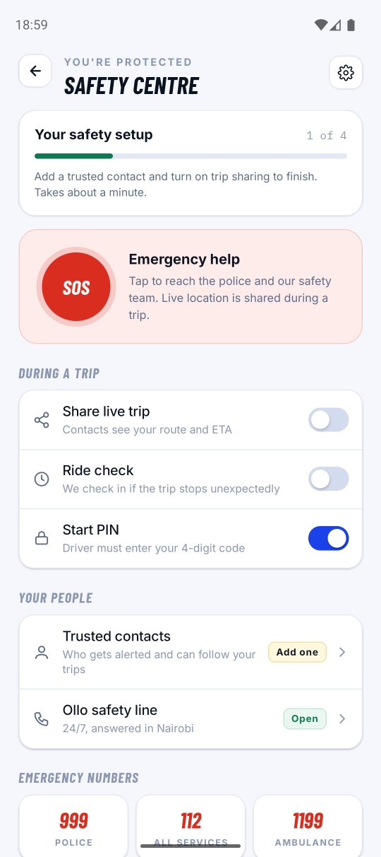The Safety centre in the Ollo rider app with SOS, trip sharing, Start PIN and emergency numbers