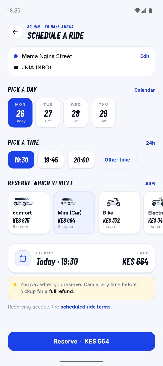 Schedule a ride screen with days, times and vehicles