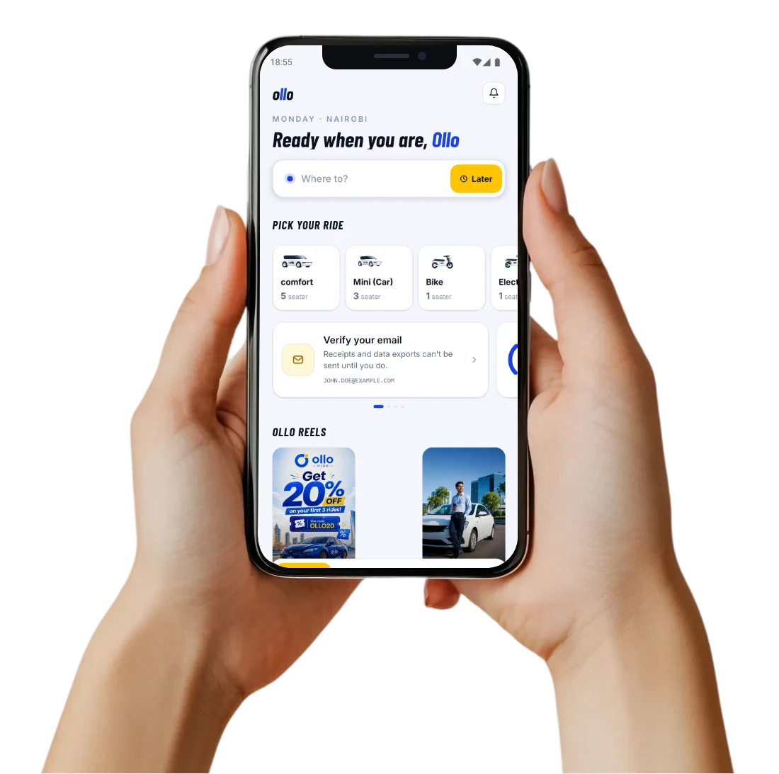 Hands holding a phone with the current Ollo rider app: Where to? and Pick your ride